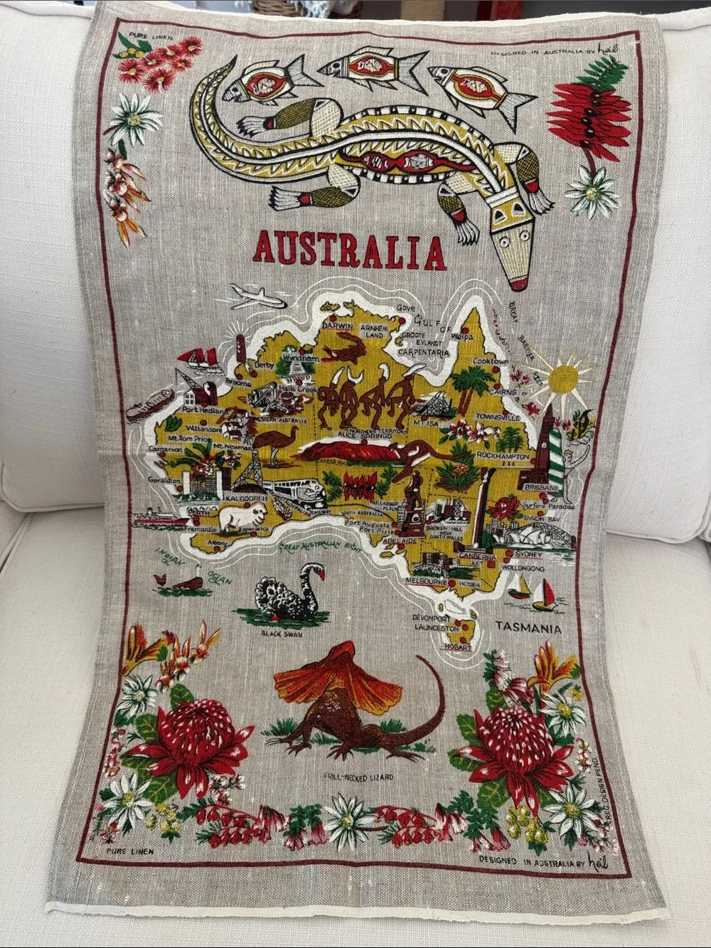 Vintage Heil Australia Map Linen Tea Towel Multicolor
